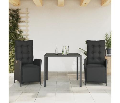 Set comedor de jardín 3 pzas con cojines ratán sintético negro