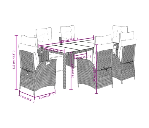 Set de comedor de jardín 7 pzas y cojines ratán sintético negro