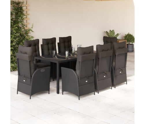 Set de comedor de jardín 9 pzas y cojines ratán sintético negro