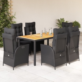 Set de comedor de jardín 7 pzas y cojines ratán sintético negro