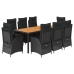 Set de comedor de jardín 9 pzas y cojines ratán sintético negro