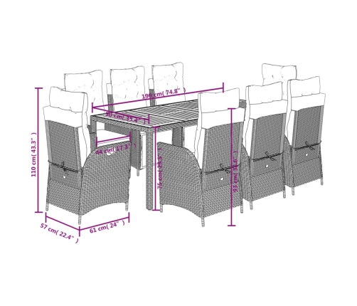 Set de comedor de jardín 9 pzas y cojines ratán sintético negro