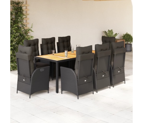 Set de comedor de jardín 9 pzas y cojines ratán sintético negro
