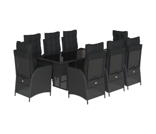 Set de comedor de jardín 9 pzas y cojines ratán sintético negro