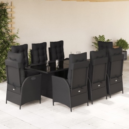Set de comedor de jardín 9 pzas y cojines ratán sintético negro