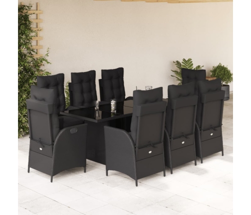 Set de comedor de jardín 9 pzas y cojines ratán sintético negro