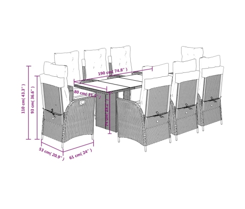 Set comedor para jardín 9 pzas y cojines ratán sintético marrón
