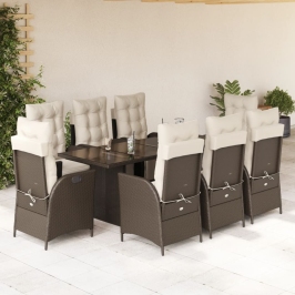 Set comedor para jardín 9 pzas y cojines ratán sintético marrón