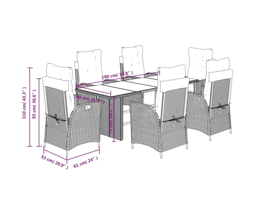 Set comedor jardín 7 pzas y cojines ratán sintético gris