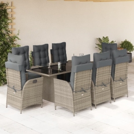Set comedor jardín 9 pzas y cojines ratán sintético gris