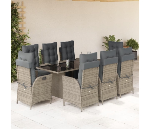 Set comedor jardín 9 pzas y cojines ratán sintético gris
