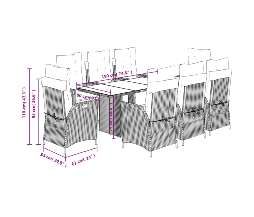 Set comedor de jardín 9 pzas con cojines ratán sintético beige
