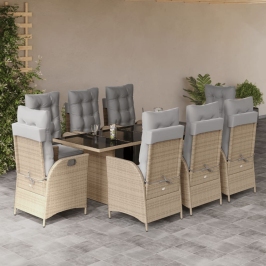 Set comedor de jardín 9 pzas con cojines ratán sintético beige