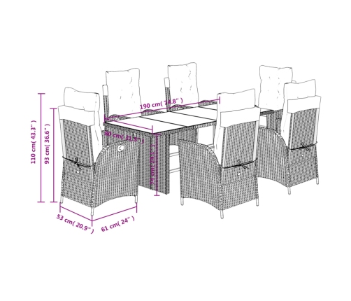 Set comedor jardín 7 pzas y cojines ratán sintético gris claro