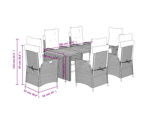Set de comedor de jardín 7 pzas y cojines ratán sintético negro