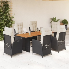 Set de comedor de jardín 7 pzas y cojines ratán sintético negro