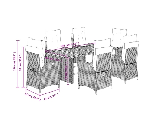 Set de comedor de jardín 7 pzas y cojines ratán sintético negro