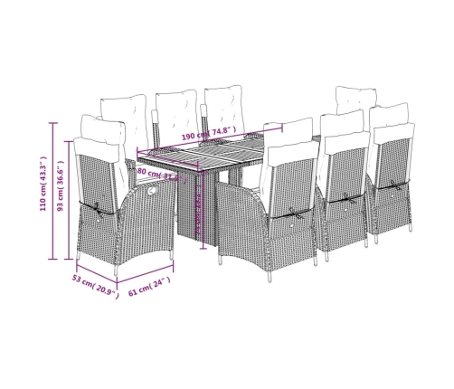 Set comedor de jardín 9 pzas con cojines ratán sintético beige