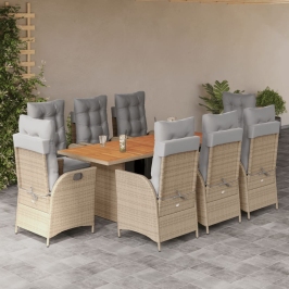 Set comedor de jardín 9 pzas con cojines ratán sintético beige