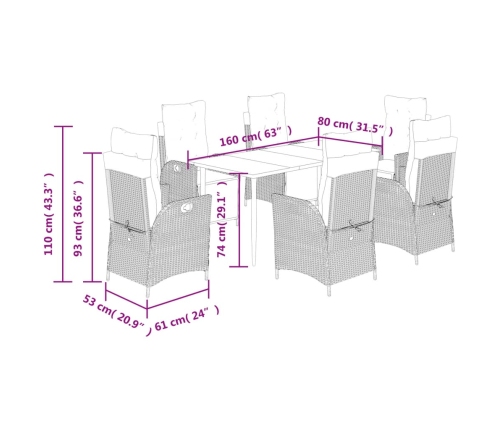 Set de comedor de jardín 7 pzas y cojines ratán sintético negro