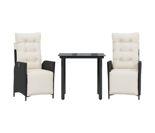 Set comedor de jardín 3 pzas con cojines ratán sintético negro