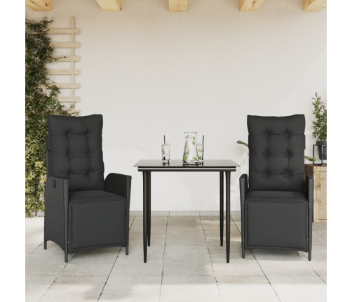 Set comedor de jardín 3 pzas con cojines ratán sintético negro