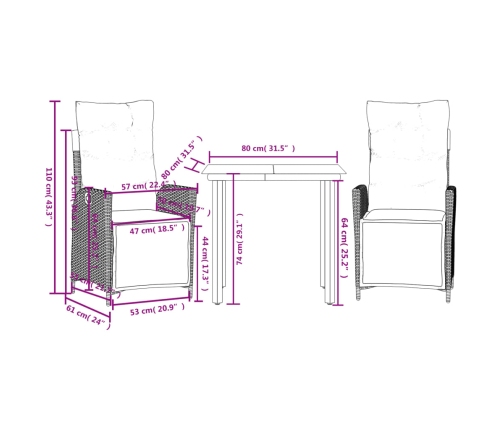 Set comedor de jardín 3 pzas con cojines ratán sintético negro