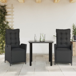 Set comedor de jardín 3 pzas con cojines ratán sintético negro
