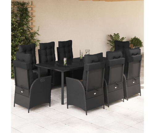Set de comedor de jardín 9 pzas y cojines ratán sintético negro