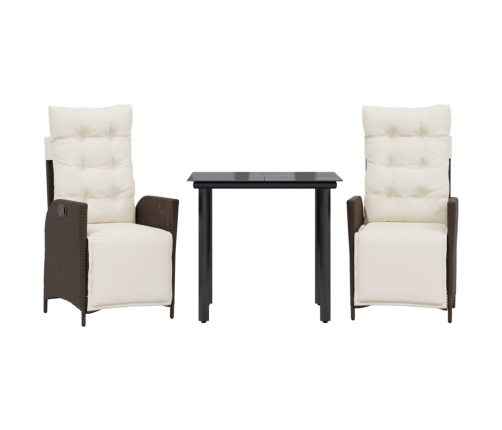 Set comedor de jardín 3 piezas y cojines ratán sintético marrón