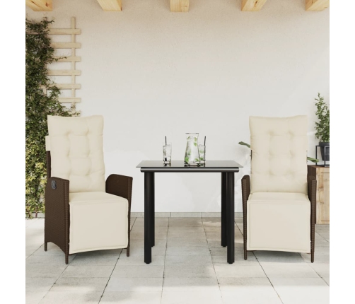 Set comedor de jardín 3 piezas y cojines ratán sintético marrón