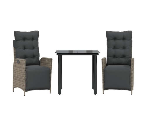 Set comedor de jardín 3 piezas con cojines ratán sintético gris
