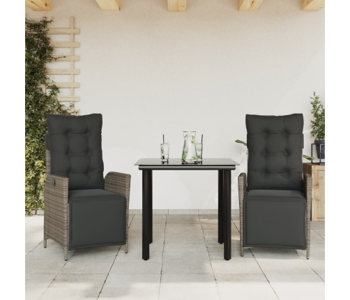 Set comedor de jardín 3 piezas con cojines ratán sintético gris