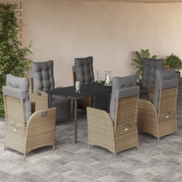 Set comedor de jardín 7 pzas con cojines ratán sintético beige