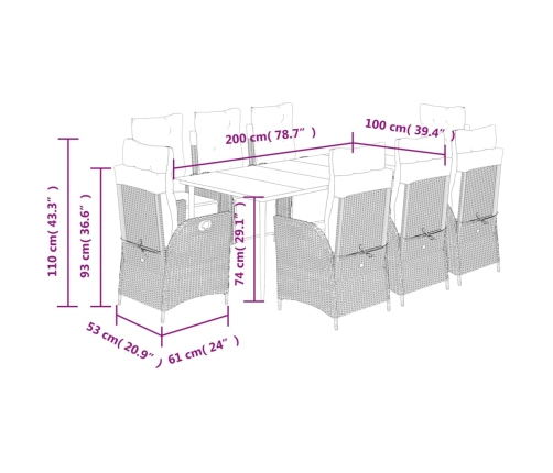 Set comedor de jardín 9 pzas con cojines ratán sintético beige