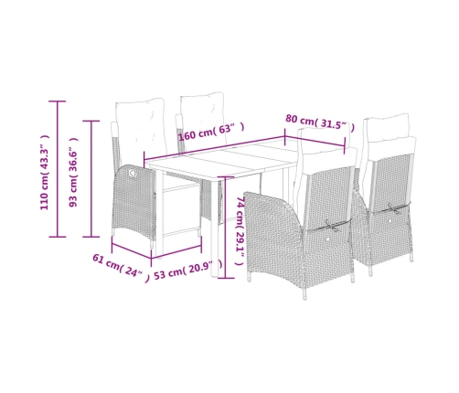 Set comedor de jardín 5 pzas con cojines ratán sintético beige