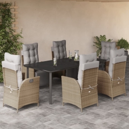 Set comedor de jardín 7 pzas con cojines ratán sintético beige