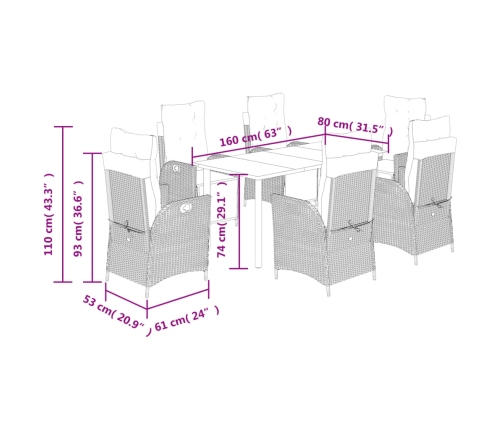Set comedor jardín 7 pzas y cojines ratán sintético gris claro