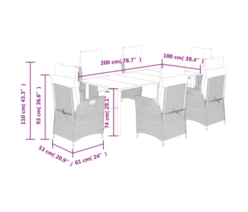 Set comedor jardín 7 pzas y cojines ratán sintético gris claro
