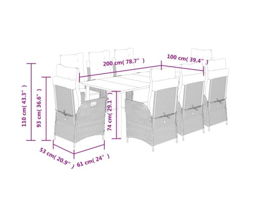 Set comedor de jardín 9 pzas cojines ratán sintético gris claro