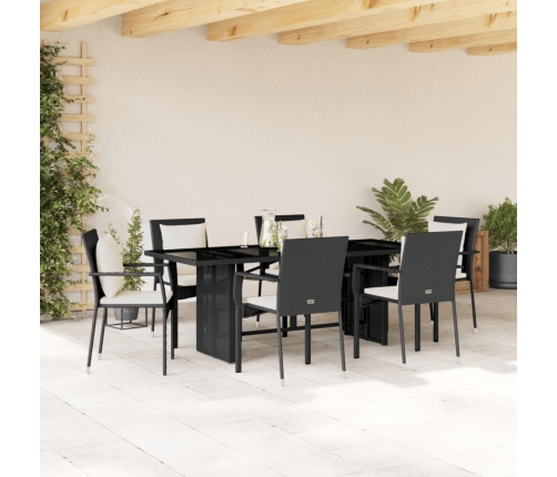 Set de comedor de jardín 7 pzas y cojines ratán sintético negro