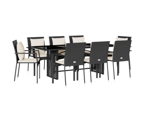 Set de comedor de jardín 9 pzas y cojines ratán sintético negro