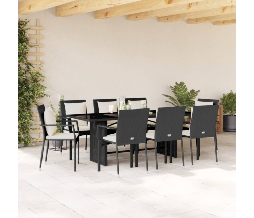 Set de comedor de jardín 9 pzas y cojines ratán sintético negro
