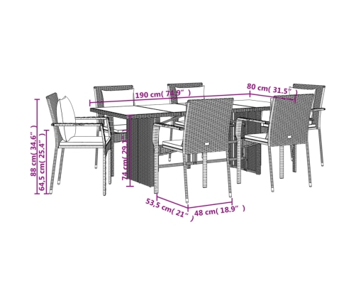 Set comedor jardín 7 pzas y cojines ratán sintético gris
