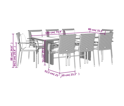 Set comedor jardín 9 pzas y cojines ratán sintético gris