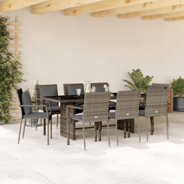 Set comedor jardín 9 pzas y cojines ratán sintético gris