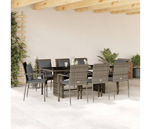 Set comedor jardín 9 pzas y cojines ratán sintético gris