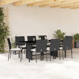 Set de comedor de jardín 9 pzas y cojines ratán sintético negro