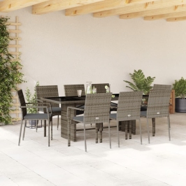 Set comedor jardín 9 pzas y cojines ratán sintético gris