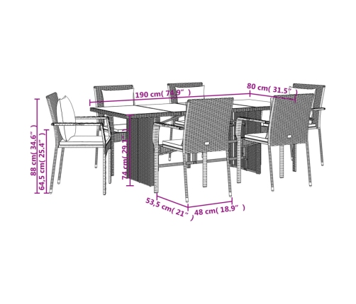 Set de comedor de jardín 7 pzas y cojines ratán sintético negro